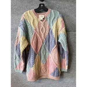 Together! Vintage Pastel Colorblock Cable Knit Argyle Sweater Womens Medium 90s